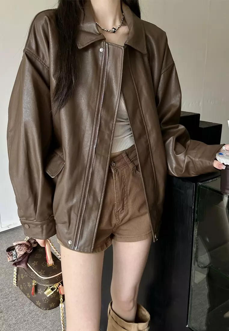 American retro Maillard leather jacket CA24092321BK