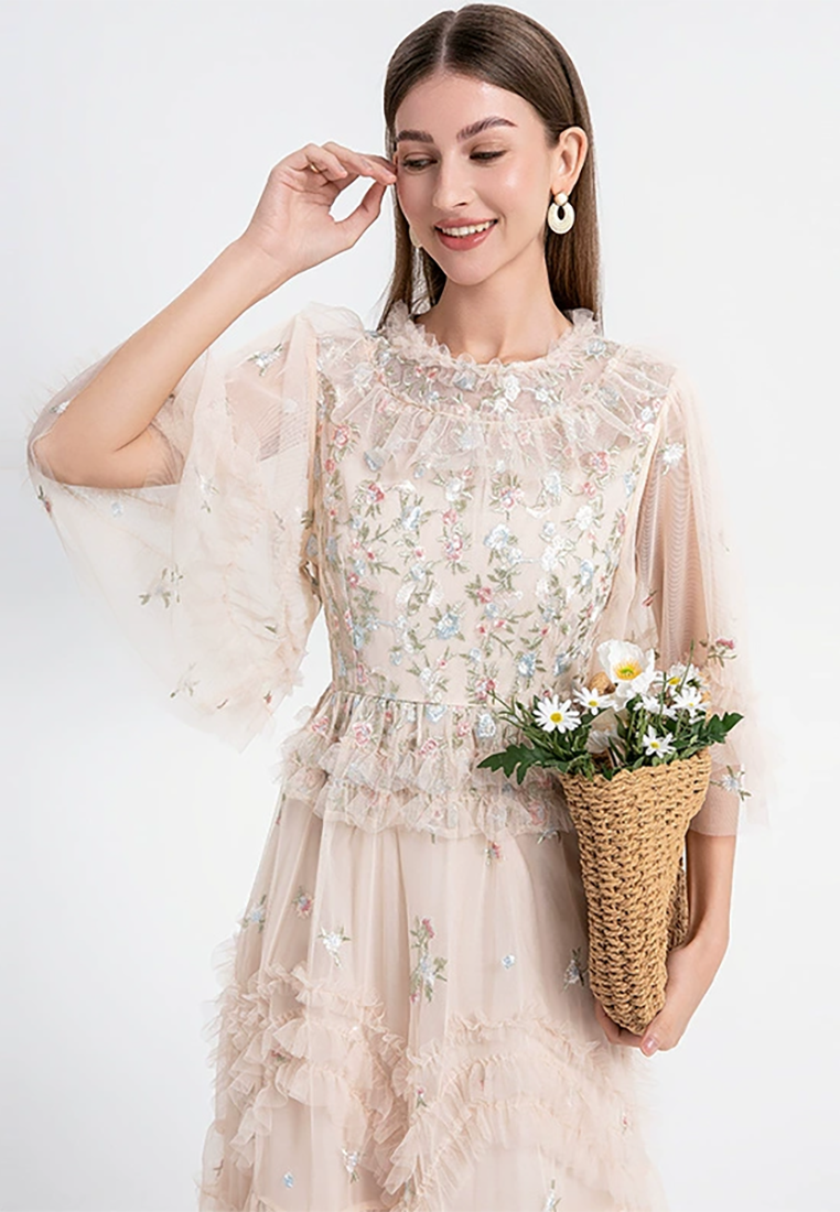 2025 French embroidered flower mesh pleated tulle skirt CA25021337