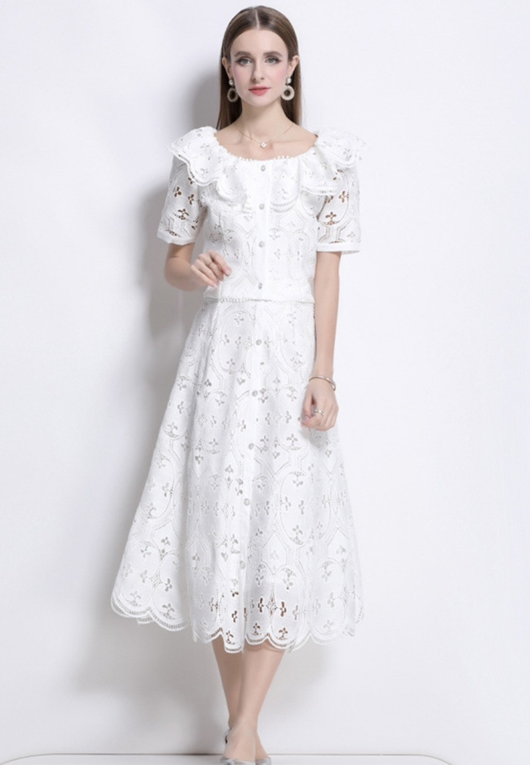 French lace square collar ruffle two-piece dress (top + skirt) CA225042269W