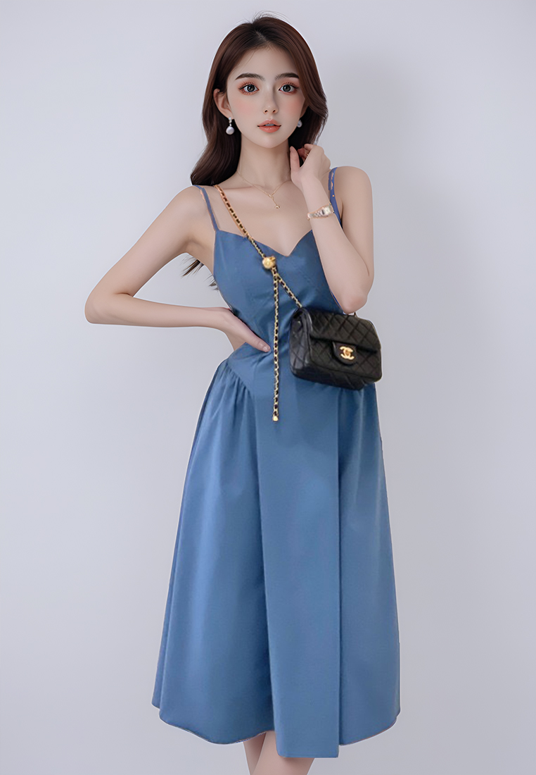 Korean Summer Splicing Waist Strap Dress CA25032734BL