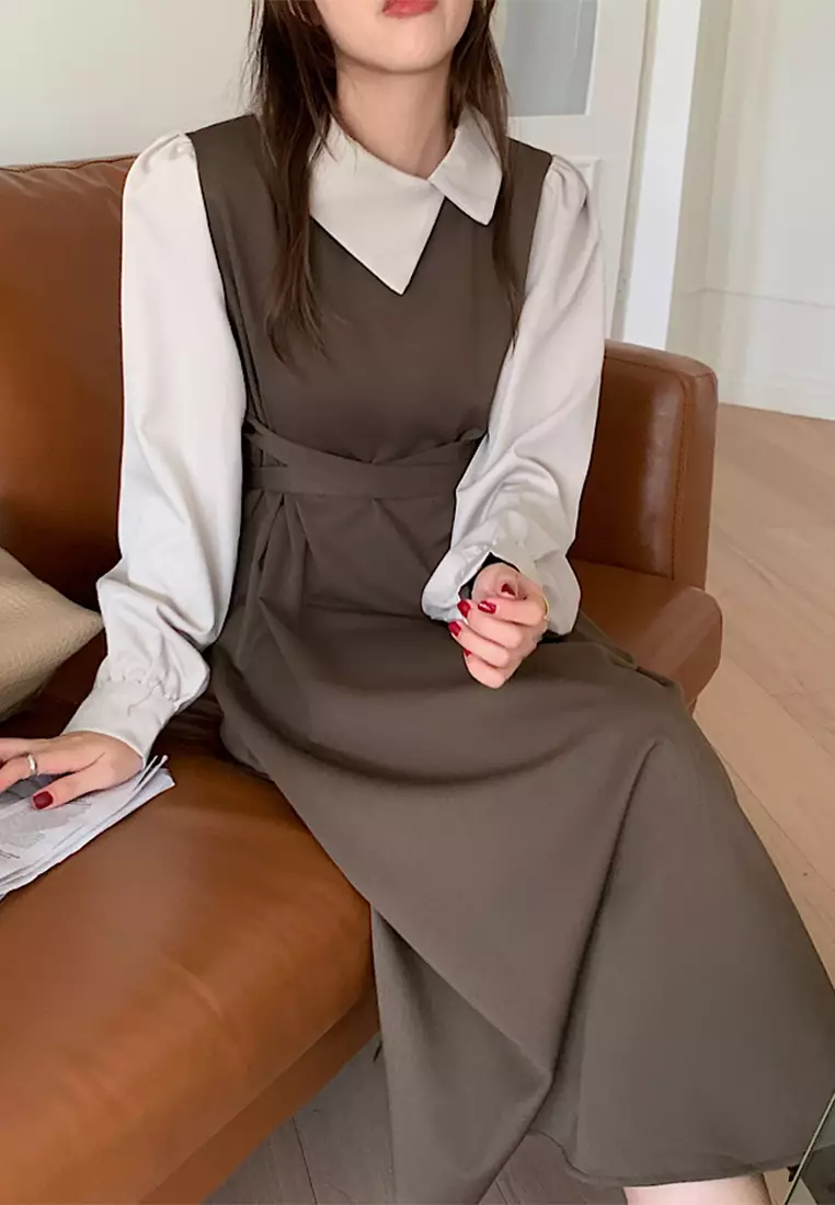 French retro contrasting lapel patchwork lace up dress CA24092715BW