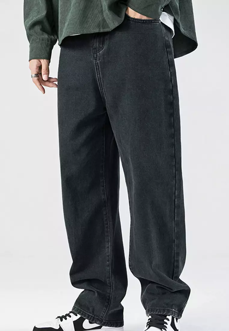 Simple Straight Washed Denim Long Pants A22050331BK
