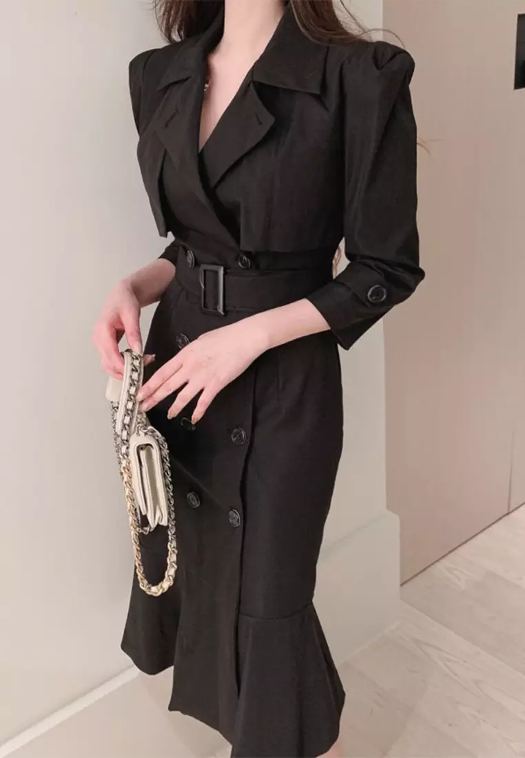 French style lace up button cinched waist dress CA24092725BE