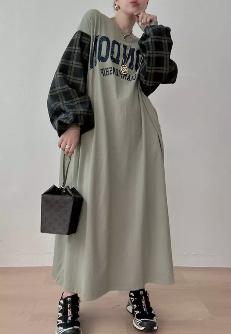 Spliced lantern sleeve printed loose dress CA24092508BK