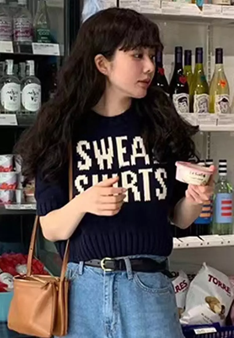 Korean high waisted short sleeved letter knit sweater CA24092712BE