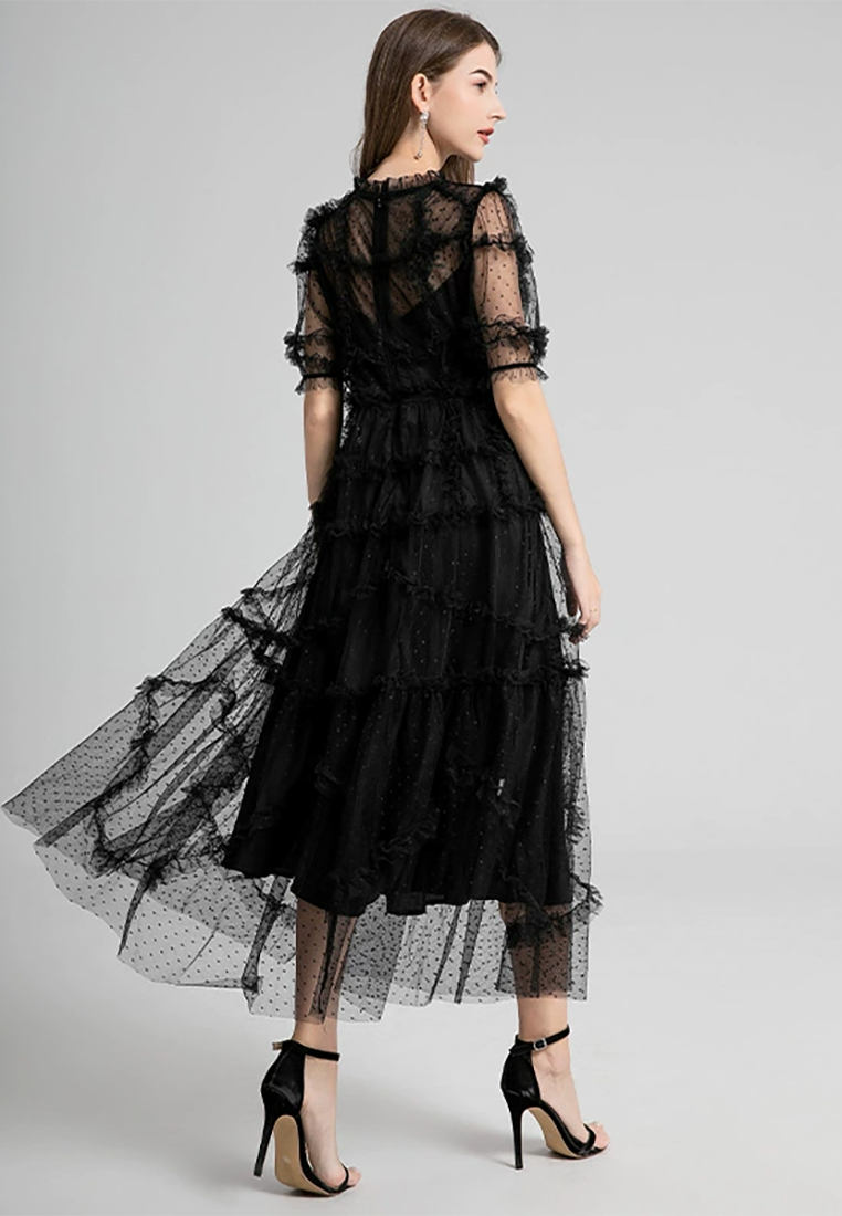 New summer mesh flocking polka dot ruffle short-sleeved dress CA25021340BK