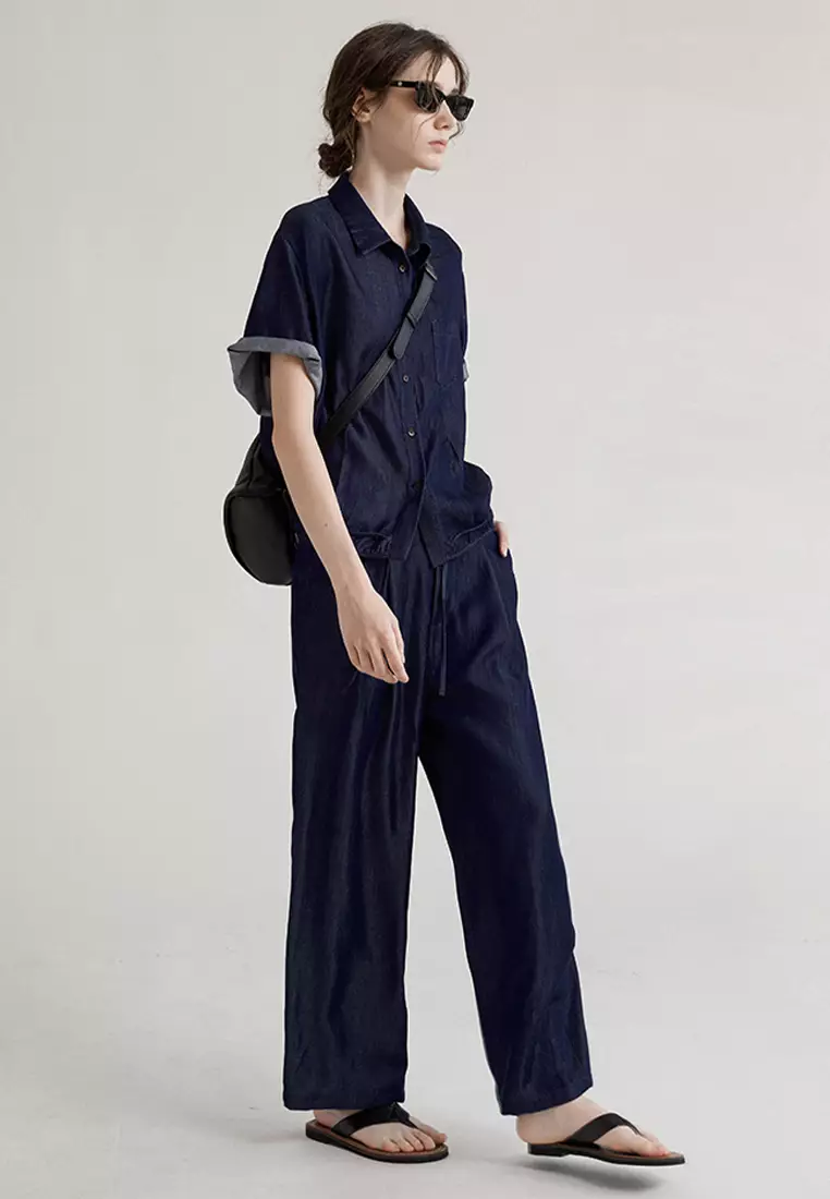 Retro denim loose pants short sleeved shirt set CA24092310