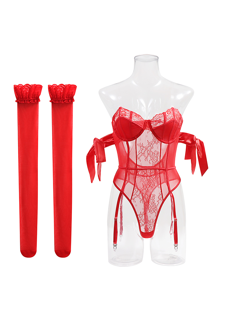 Silk strappy sexy bodysuit with stockings set CA24112041BK