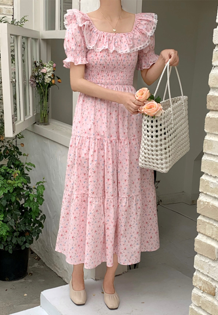 French square neck gentle flared sleeve dress CA25032735PI