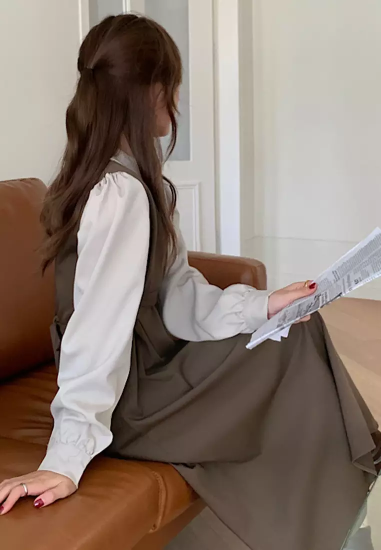 French retro contrasting lapel patchwork lace up dress CA24092715BW