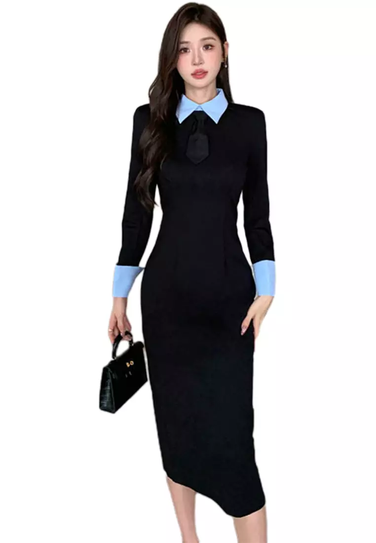 Fashionable slim fit long sleeved dress with tie included CA24092706BL