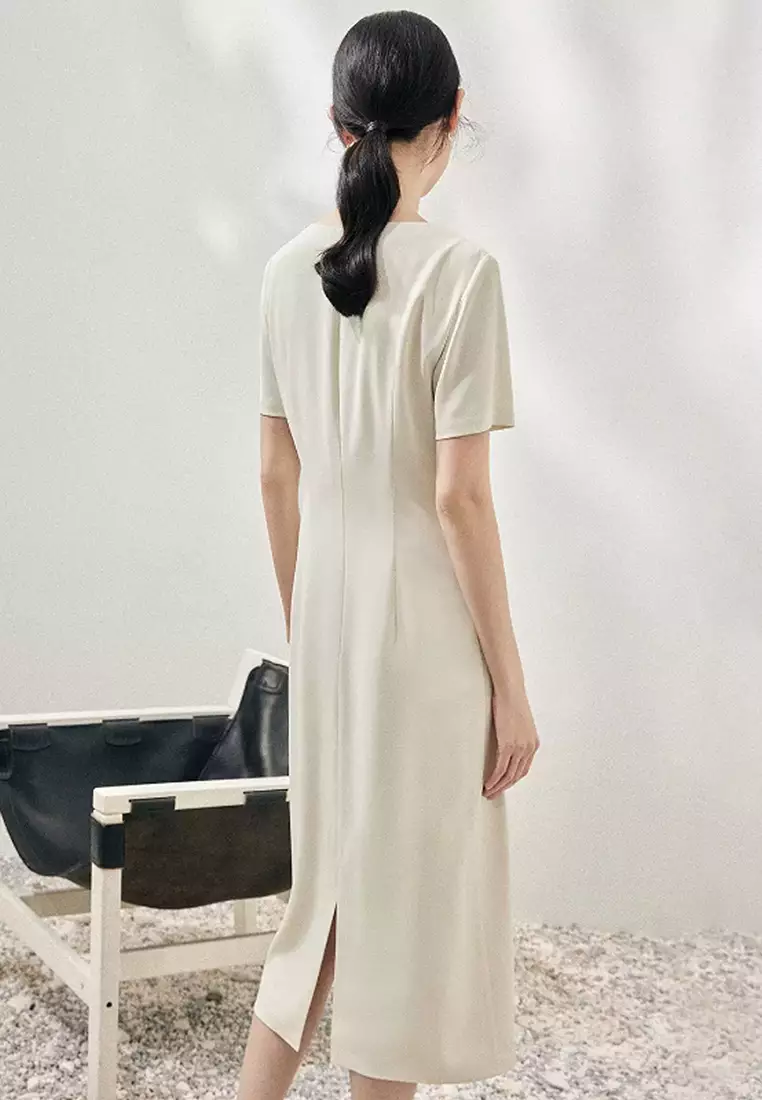 Hollow drop collar short-sleeve elegant long skirt CA24032523BE-M
