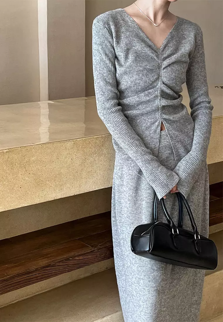 New slim fit pleated top knitted skirt set CA24092353BK