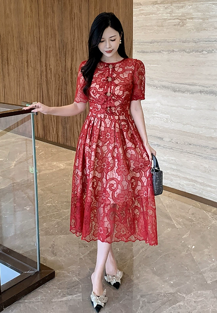 French round neck puff sleeve lace waisted long skirt CA25021334RD