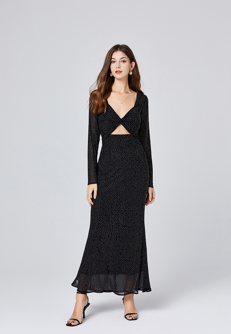 2024 long sleeved sexy rhinestone waist cinched dress CA24073107BK