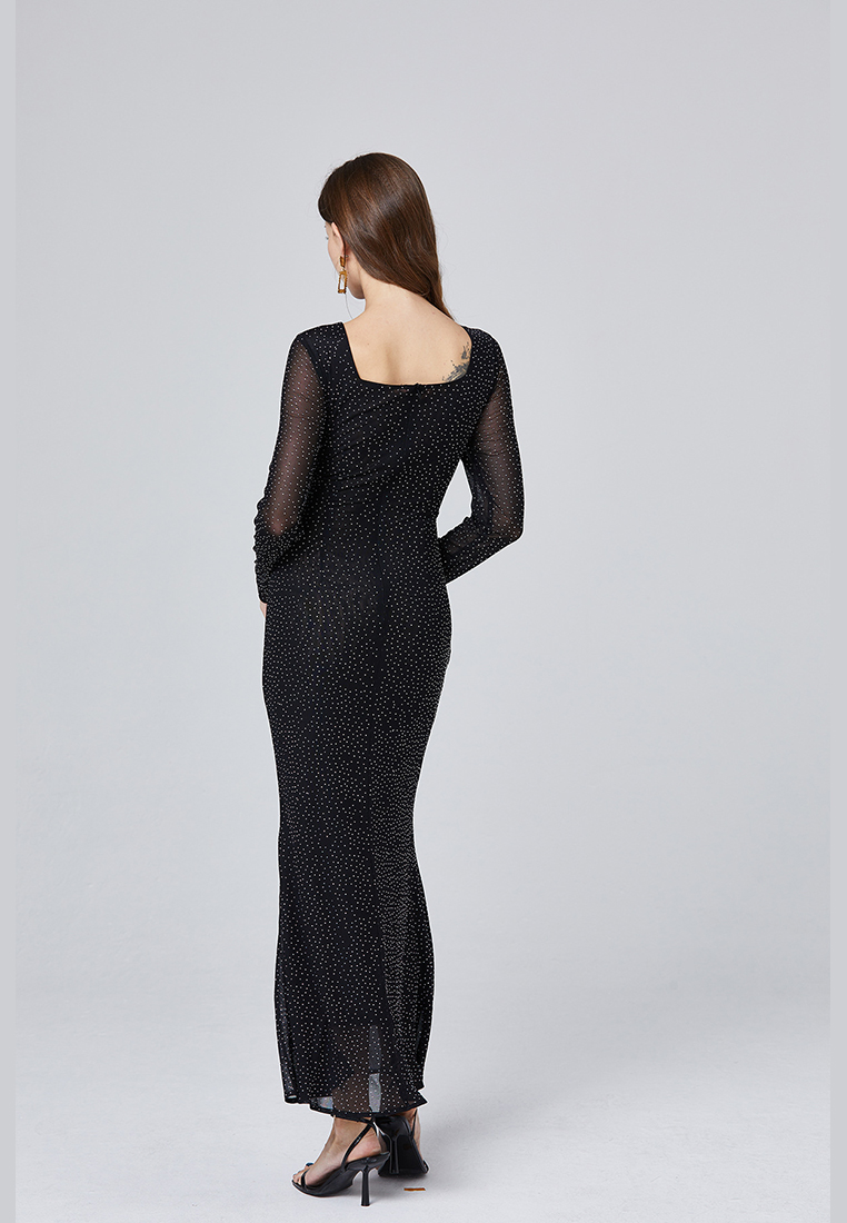 2024 long sleeved sexy rhinestone waist cinched dress CA24073107BK