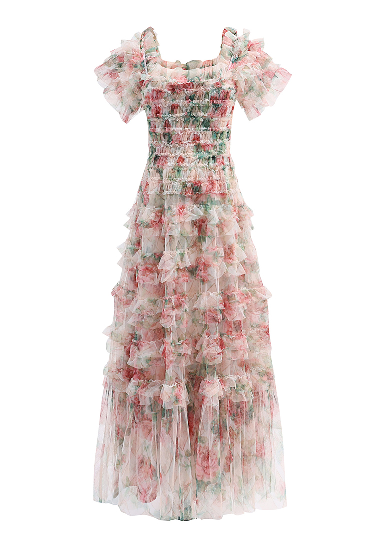 Sweet floral square-collar evening dress CA24031907BE