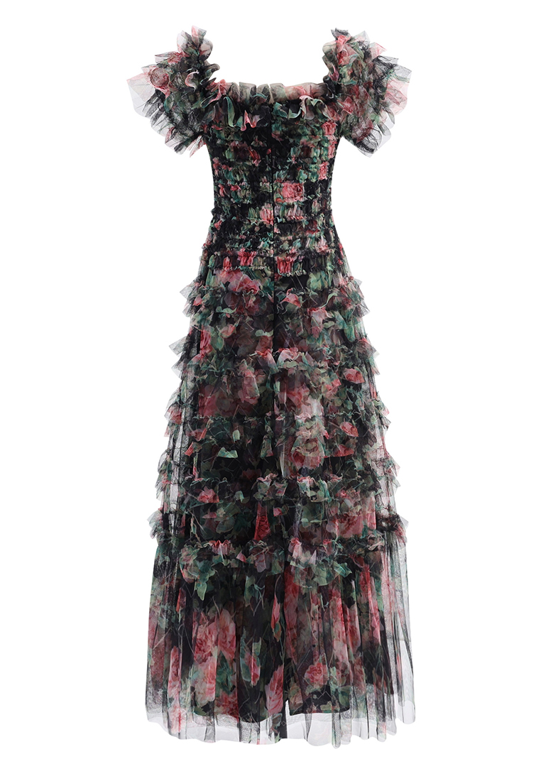 Sweet floral square-collar evening dress CA24031907BE