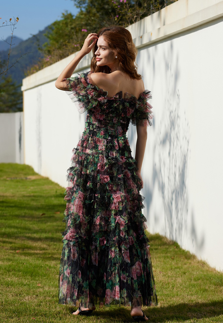 Sweet floral square-collar evening dress CA24031907BE
