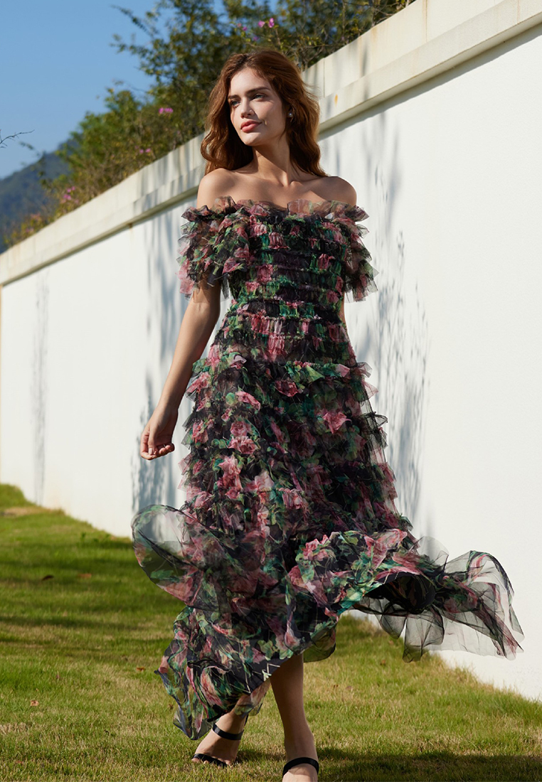 Sweet floral square-collar evening dress CA24031907BE