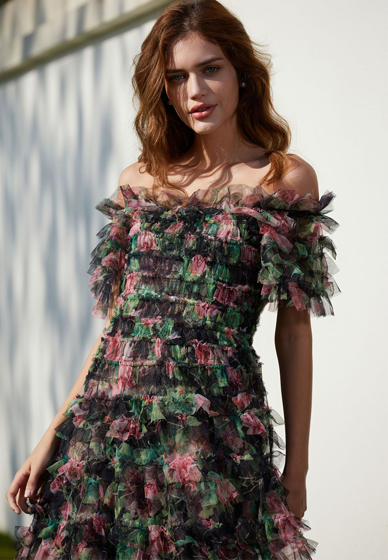 Sweet floral square-collar evening dress CA24031907BE