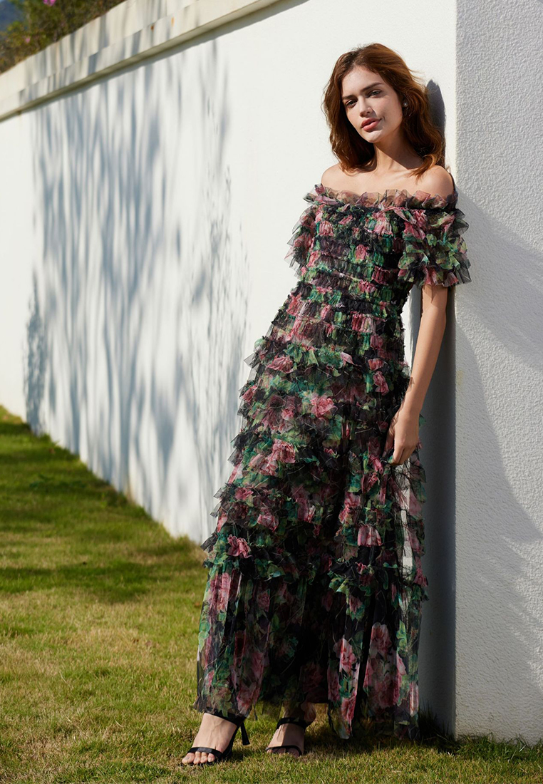 Sweet floral square-collar evening dress CA24031907BE