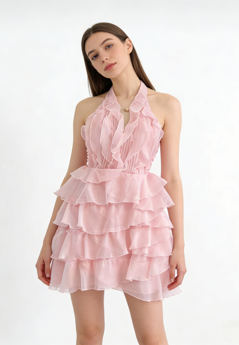 Ruffle Tiered Layered Mini Dress Halter Neck Party Cocktail Dress K26040909