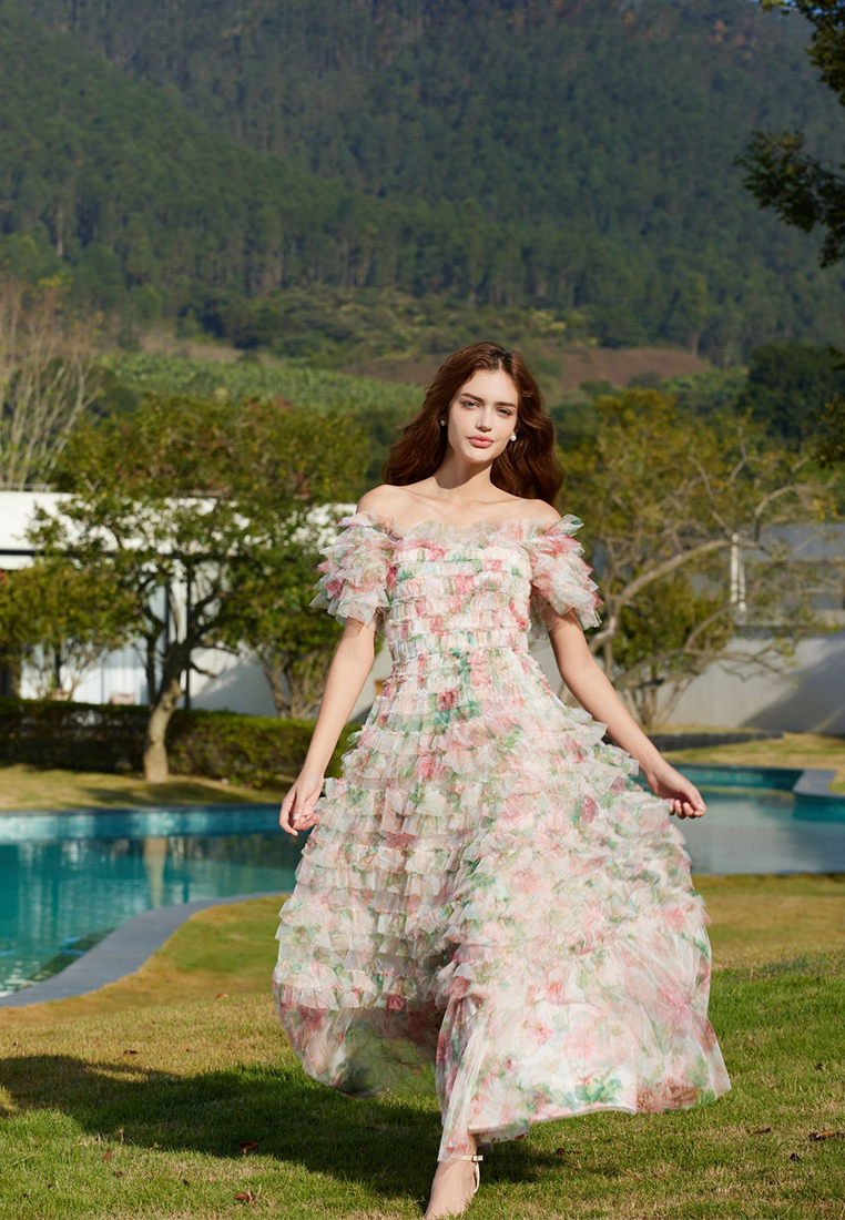 Sweet floral square-collar evening dress CA24031907BE