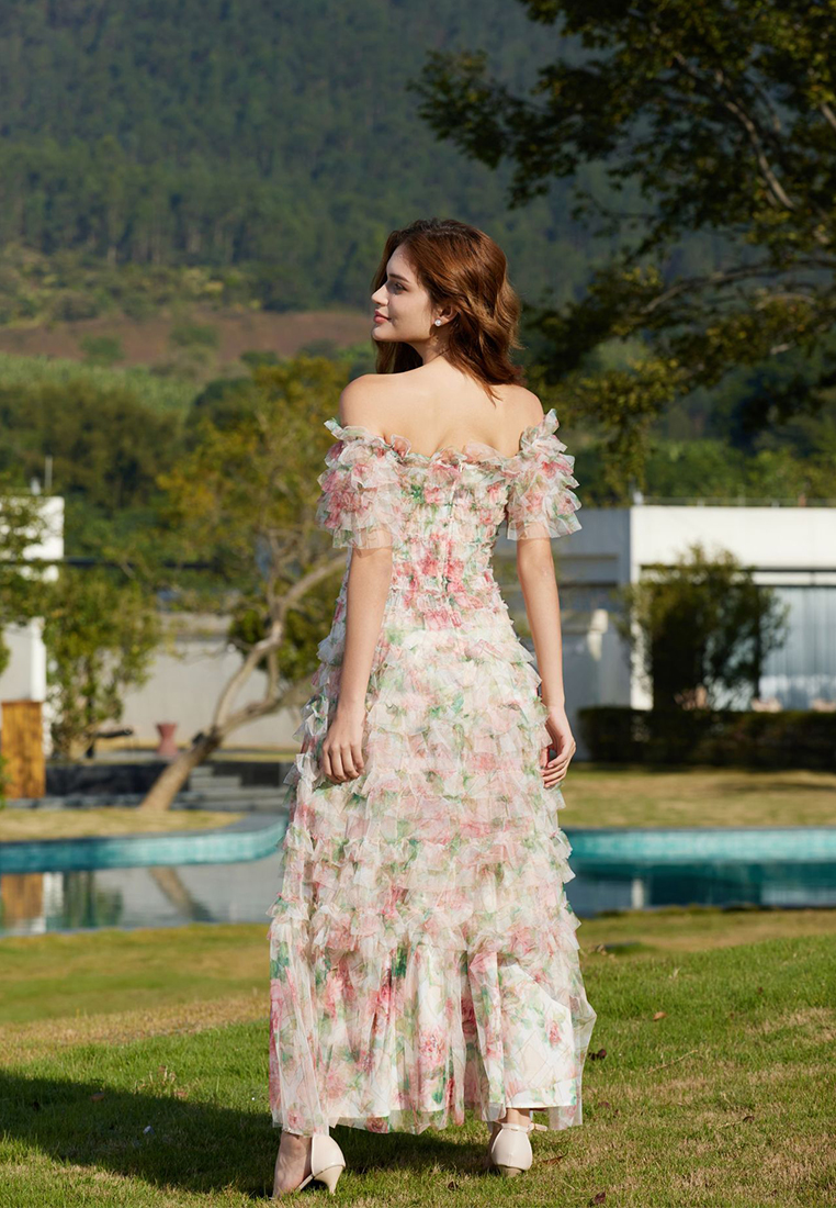 Sweet floral square-collar evening dress CA24031907BE