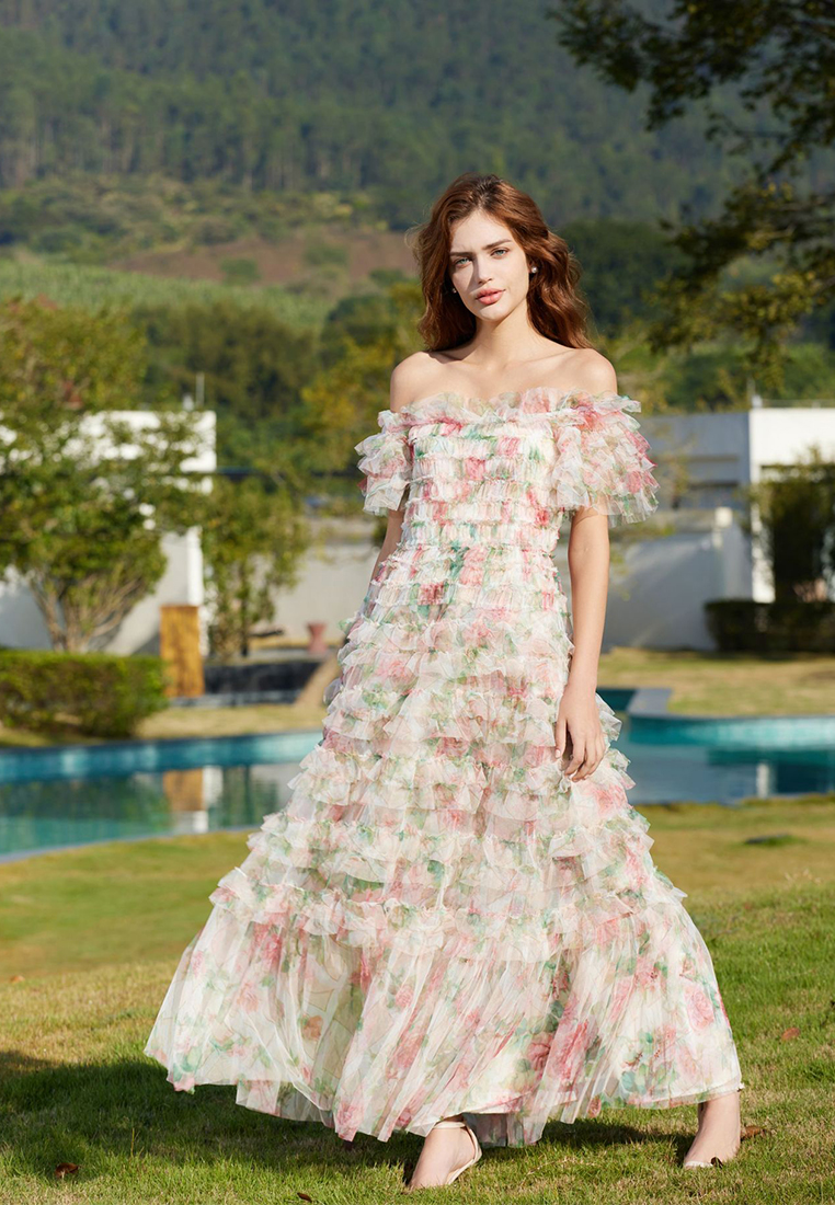 Sweet floral square-collar evening dress CA24031907BE