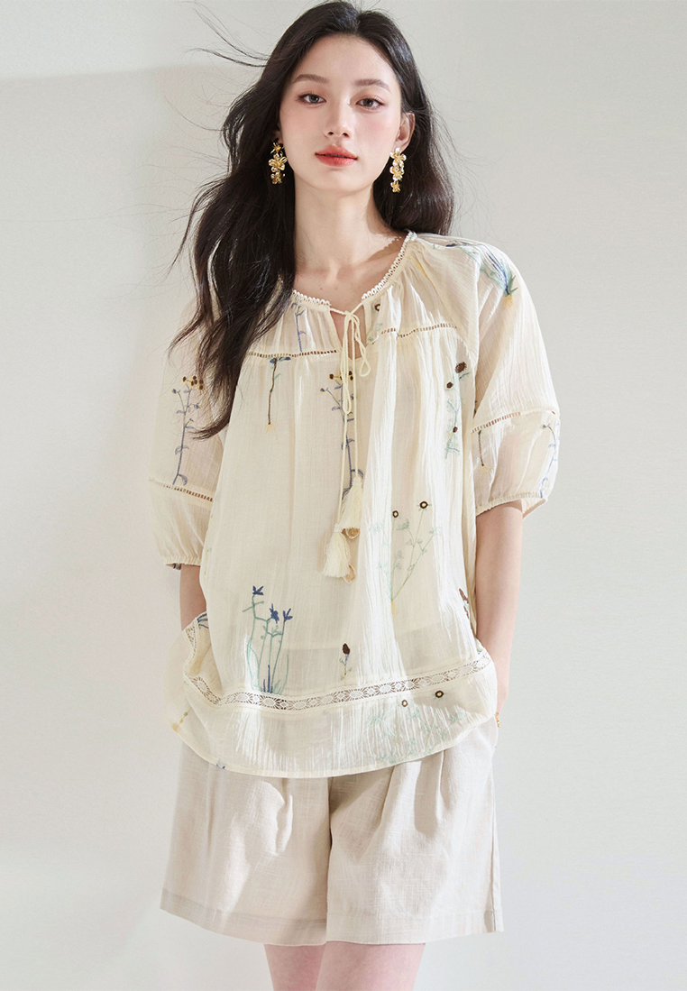 Summer French Tencel Hollow Lace Splicing Top CA25052907BE