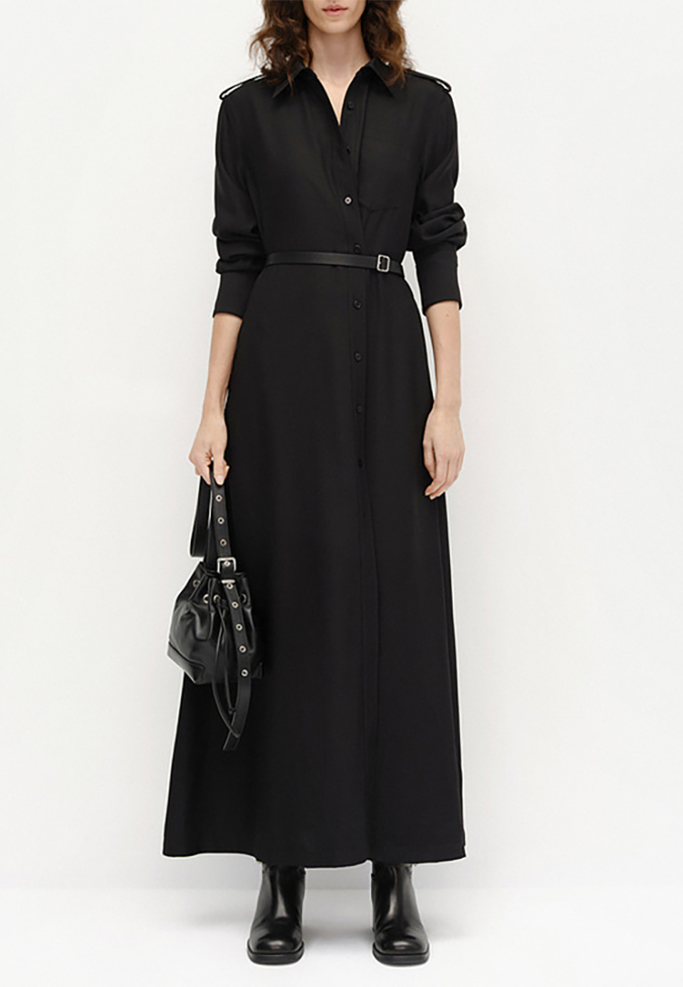 New Arrival Black Long High Waist Belt Dress CA25100907BK