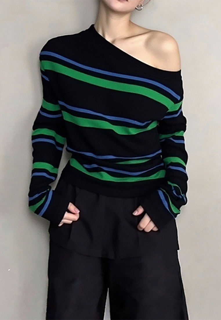 Autumn off-shoulder green striped knitted top CA25102407GR
