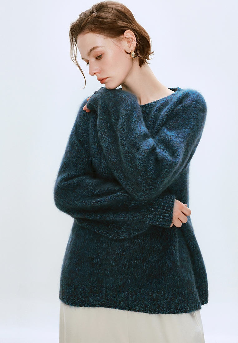 Autumn/Winter Wool Brushed Floral Yarn Knit Crew Neck Sweater CA25110307BL