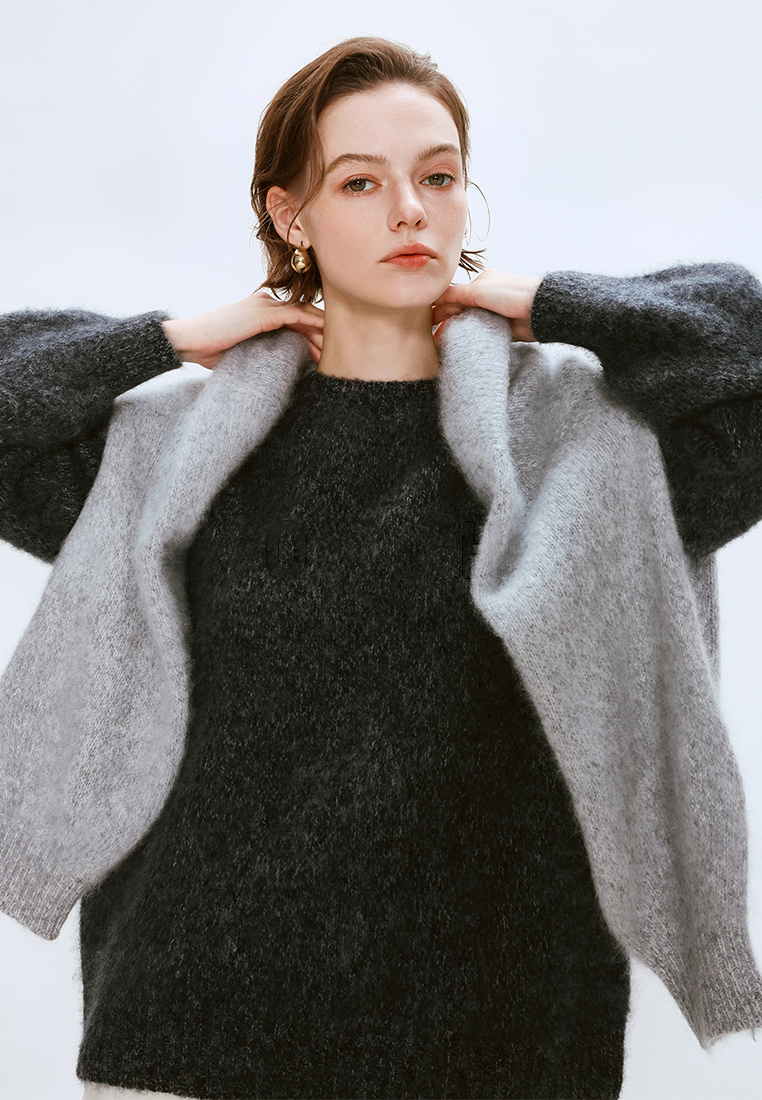 Autumn/Winter Wool Brushed Floral Yarn Knit Crew Neck Sweater CA25110307BL