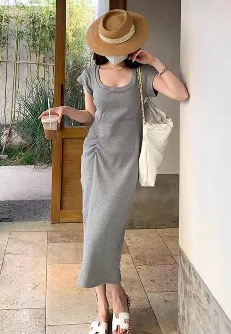New summer short-sleeved knitted mid-slit long dress CA24050607DGGY