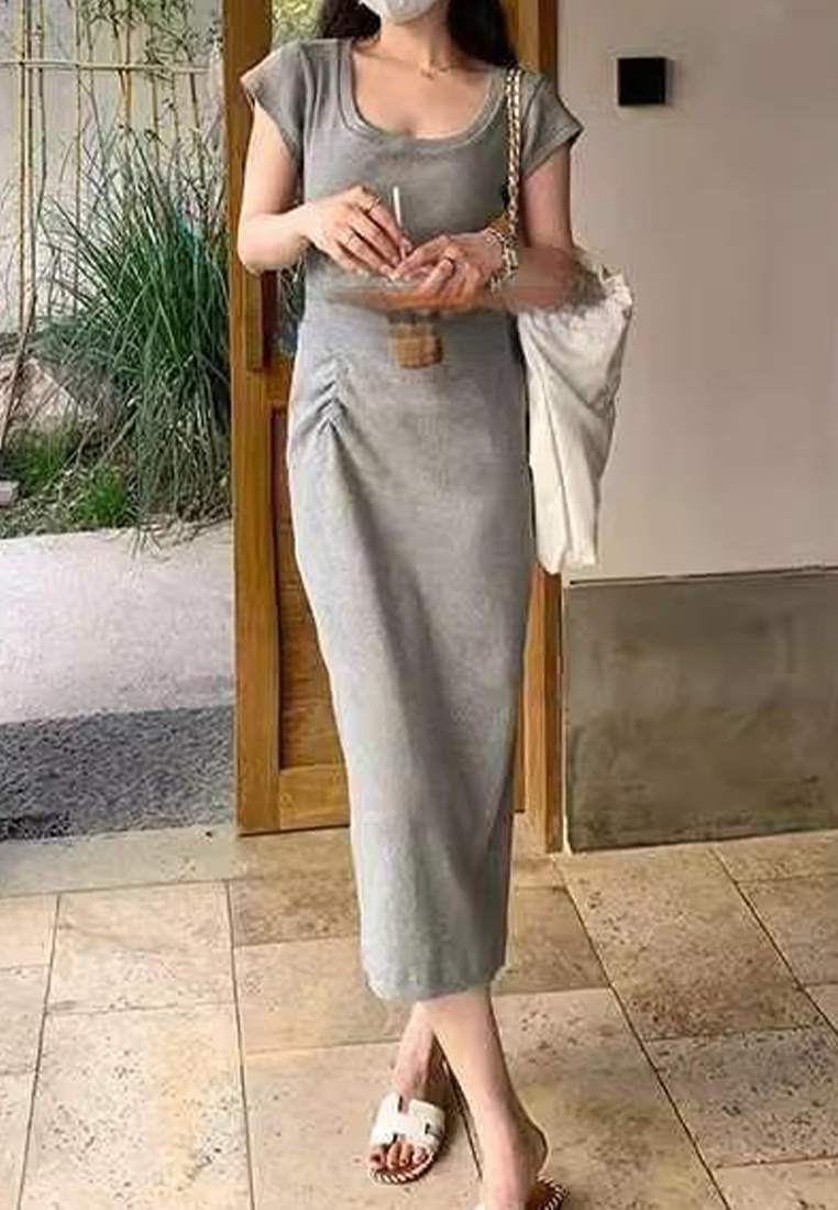 New summer short-sleeved knitted mid-slit long dress CA24050607DGGY