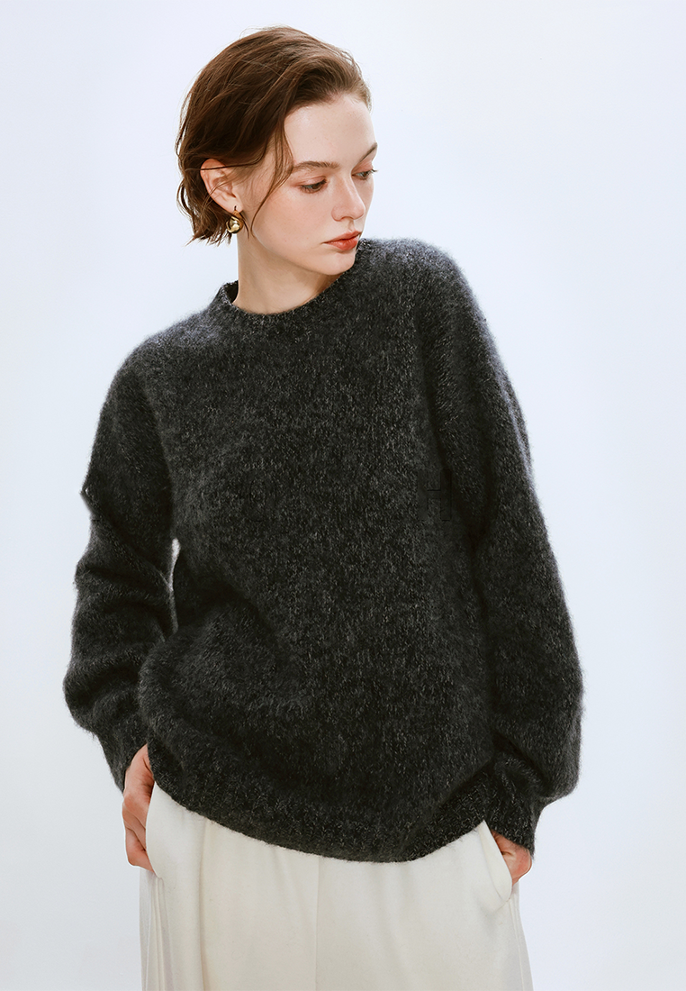 Autumn/Winter Wool Brushed Floral Yarn Knit Crew Neck Sweater CA25110307BL