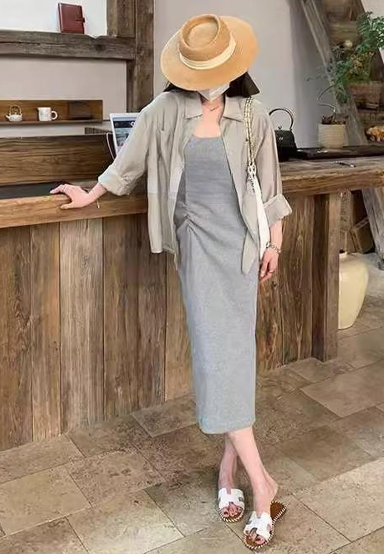 New summer short-sleeved knitted mid-slit long dress CA24050607DGGY