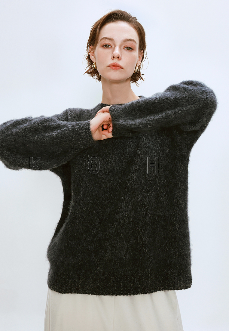 Autumn/Winter Wool Brushed Floral Yarn Knit Crew Neck Sweater CA25110307BL