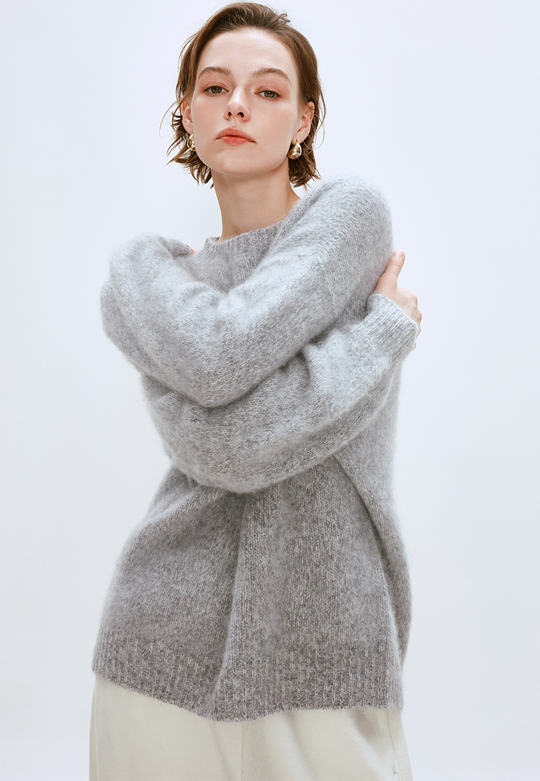 Autumn/Winter Wool Brushed Floral Yarn Knit Crew Neck Sweater CA25110307BL