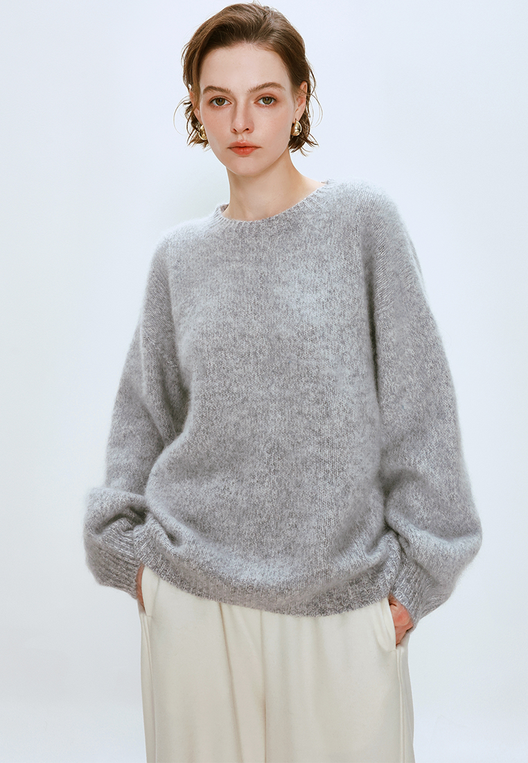 Autumn/Winter Wool Brushed Floral Yarn Knit Crew Neck Sweater CA25110307BL