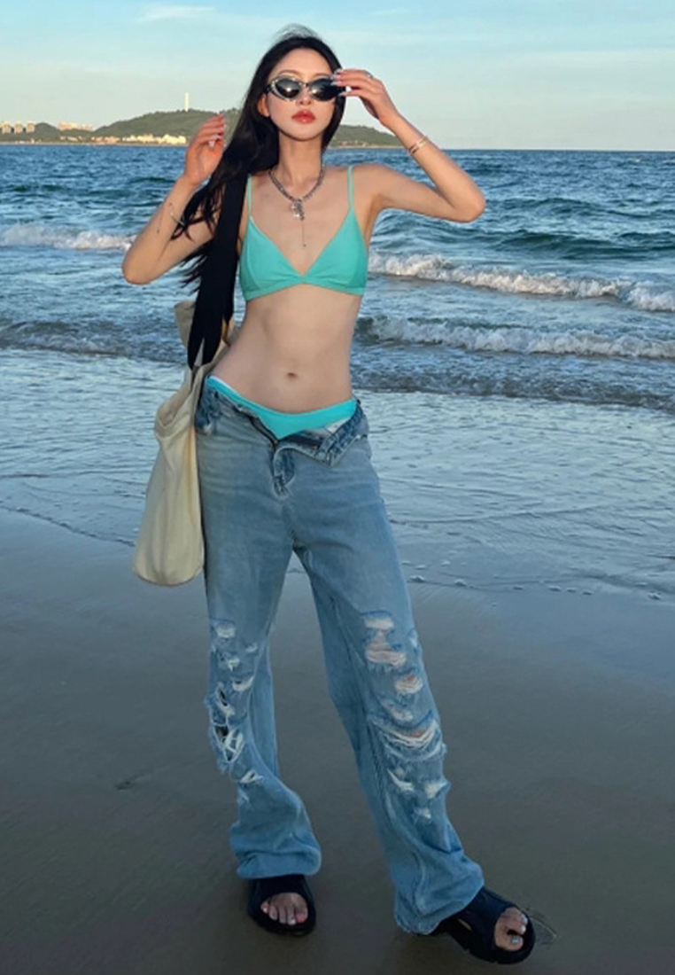 New split solid color beach resort swimsuit CA24032107