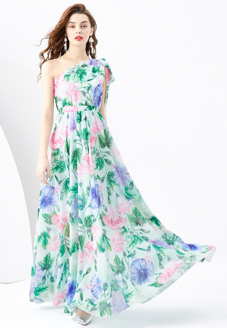 2024 Dress Slant Neck Off Shoulder Slim Fit Long Waist CA4021907GR