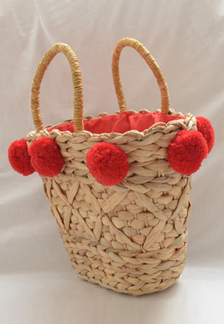New style handmade straw handbag with wool balls CA24062007