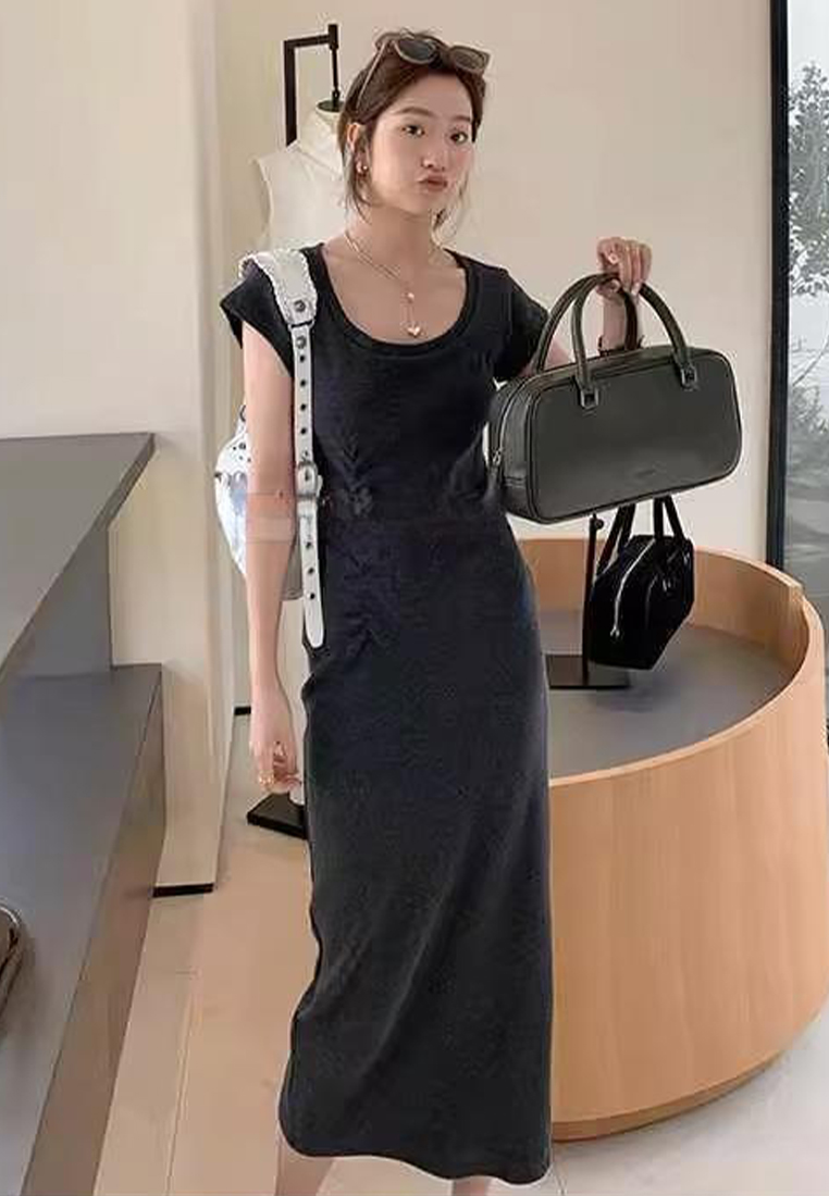 New summer short-sleeved knitted mid-slit long dress CA24050607DGGY
