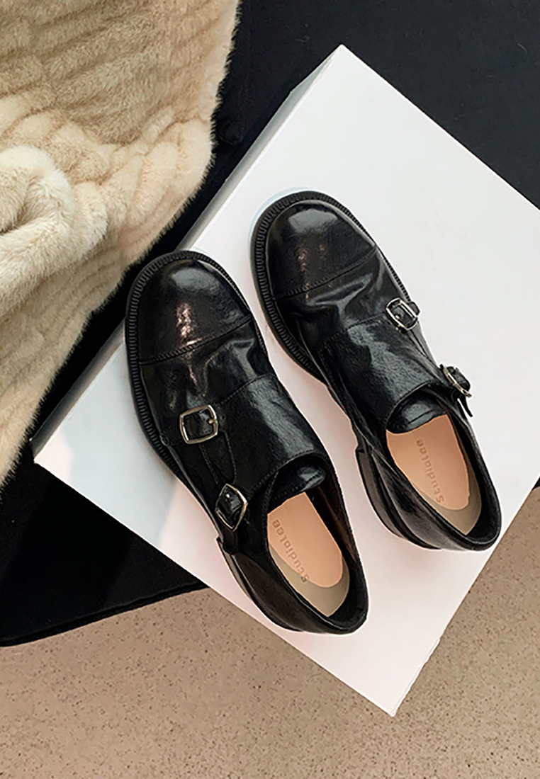 Cowhide double buckle round toe thick heel loafers CA25030318BK