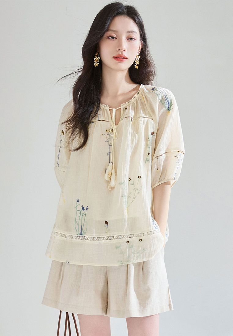 Summer French Tencel Hollow Lace Splicing Top CA25052907BE