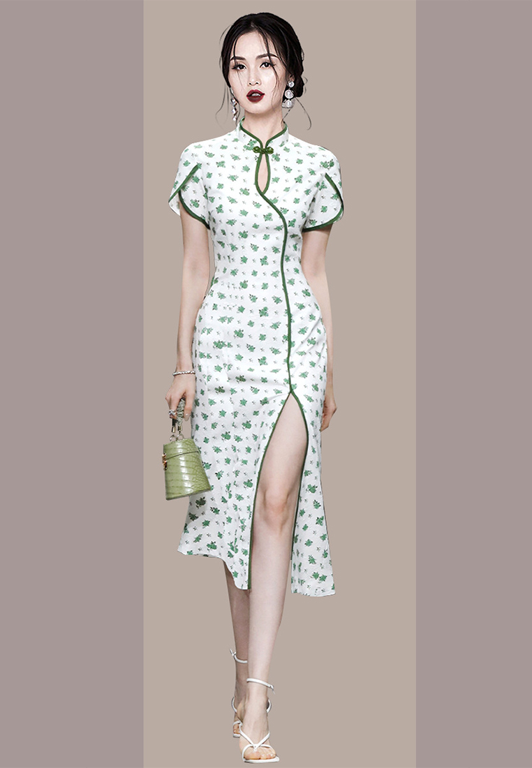 Retro Chinese style sexy slit printed cheongsam dress CA250325307GR
