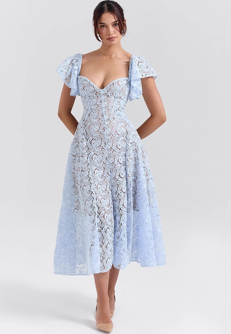 European and American Court Retro Lace V-Neck Short Sleeve Long Dress CA25091506BL